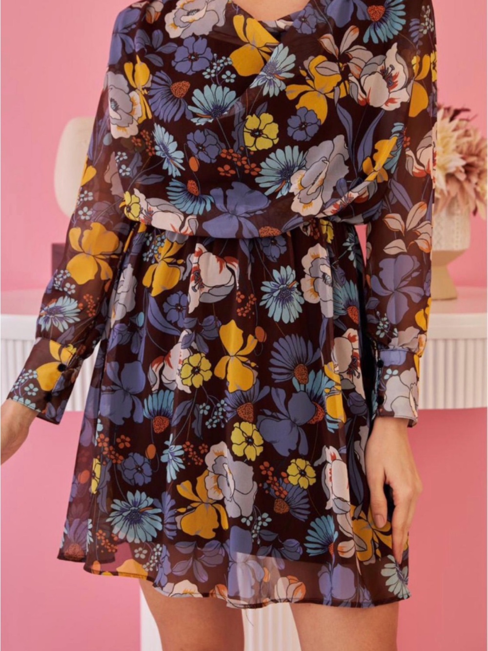 Zara Floral Chiffon Long-Sleeve Mini Dress in Black, Yellow & Blue
